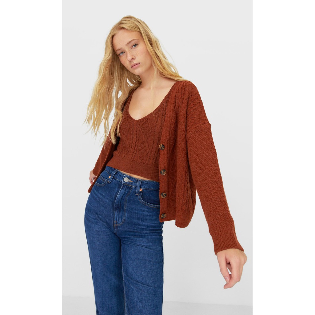 Áo cardigan họa tiết bện thừng Stradivarius Trung