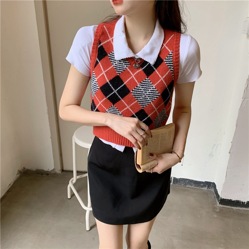 Áo không tay IELGY dệt kim hình thoi cổ V chui đầu retro phong cách học đường