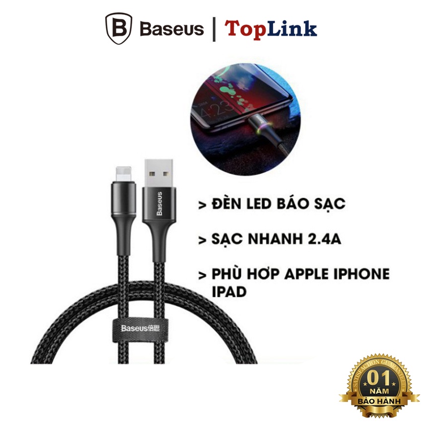 Cáp Sạc Nhanh 2.4A Baseus Halo Data Cable USB To Lightning Có Đèn LED Cho Iphone XS Max XR X 8 7 6 6S 5 5S