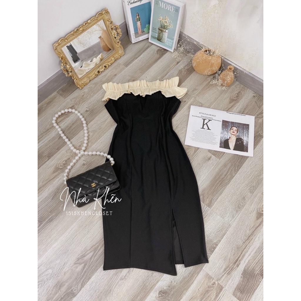 Đầm body bẹt vai phối lưới nude