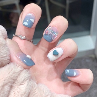 Móng úp thiết kế xanh đính nơ tim nailbox mong-up