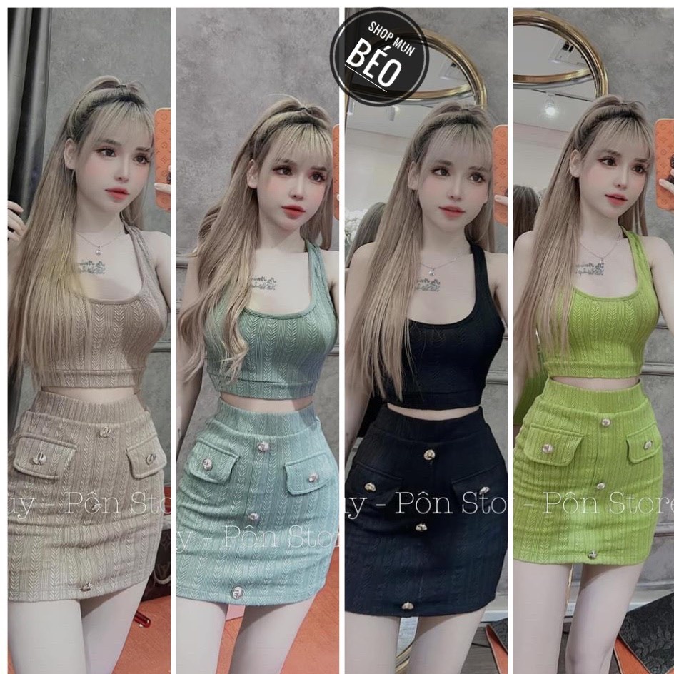 Set Áo Sát Nách Kèm Chân Váy Chất Thun Gân Xương Cá Thích Hợp Mặc Đi Tiệc Đi Làm Đi Chơi