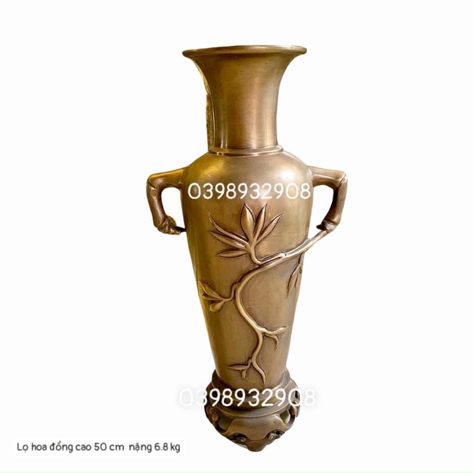 LỌ HOA ĐỒNG CỔ CAO 50 CM HOA VĂN TRẠM CÂY LÁ CHẤT LIỆU BẰNG ĐỒNG