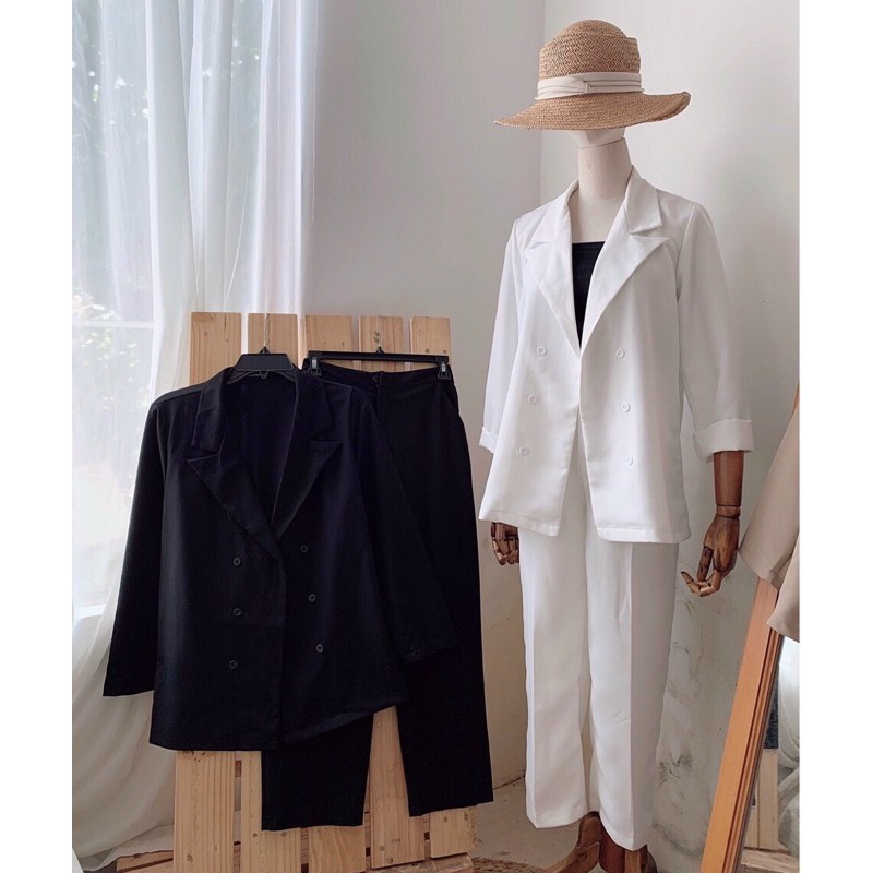 Set vest: áo khoác Blazer + quần baggy 9 tấc Korea trắng đen nude xanh
