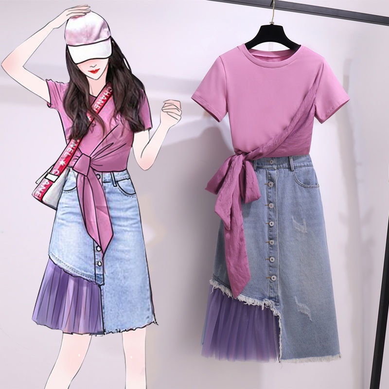 Set Áo Thun Ngắn Tay + Chân váy jean Thời Trang Dành Cho Nữ