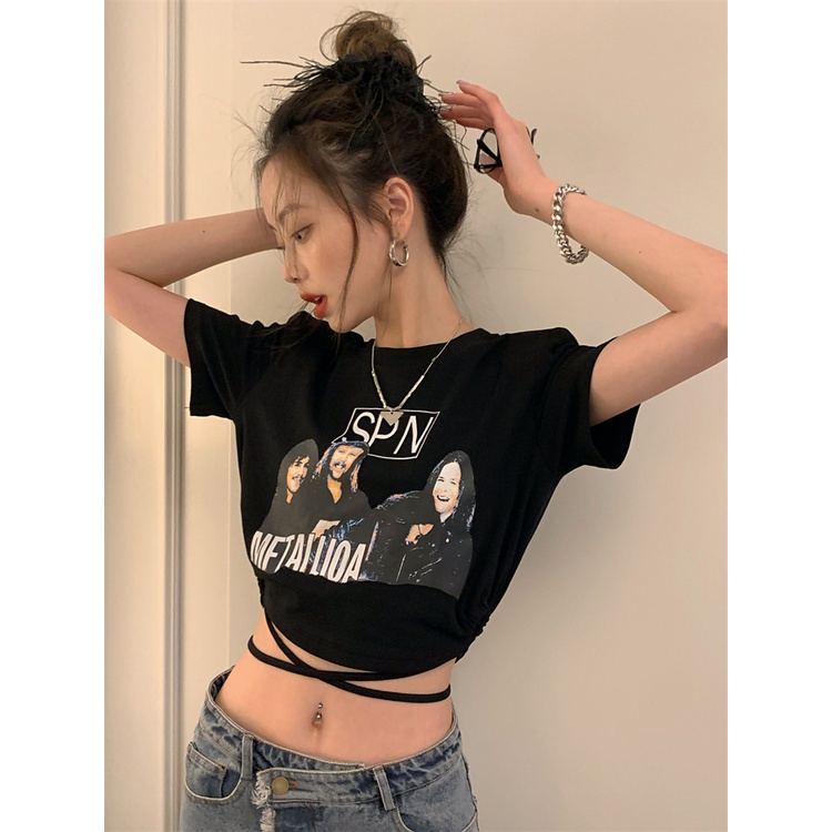 Cocory vn Áo Thun Crop Top Tay Ngắn Cột Dây Thời Trang Mùa Hè Phong Cách Hàn Quốc Cho Nữ