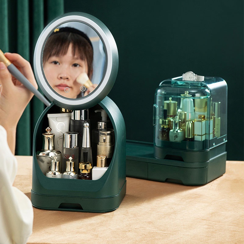 Tủ đựng đồ trang điểm có đèn led có quạt đổi màu, gương xoay 360 độ tủ đựng đồ mỹ phẩm cao cấp tiện lợi NPR19