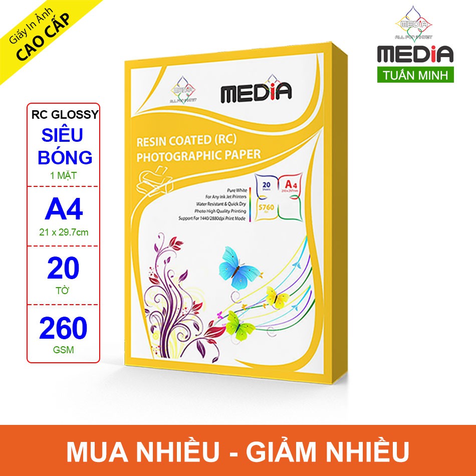 Giấy In Ảnh Cao Cấp Media RC 1 Mặt Siêu Bóng A4 260gsm 20 Tờ