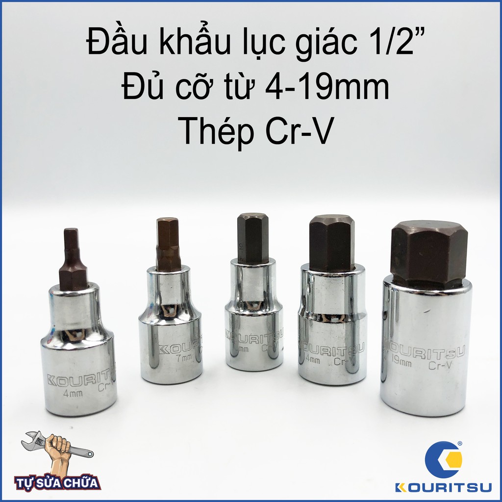 Khẩu 1/2 inch đầu lục giác Kouritsu thép CR-V chống gỉ đủ cỡ từ 4-19mm