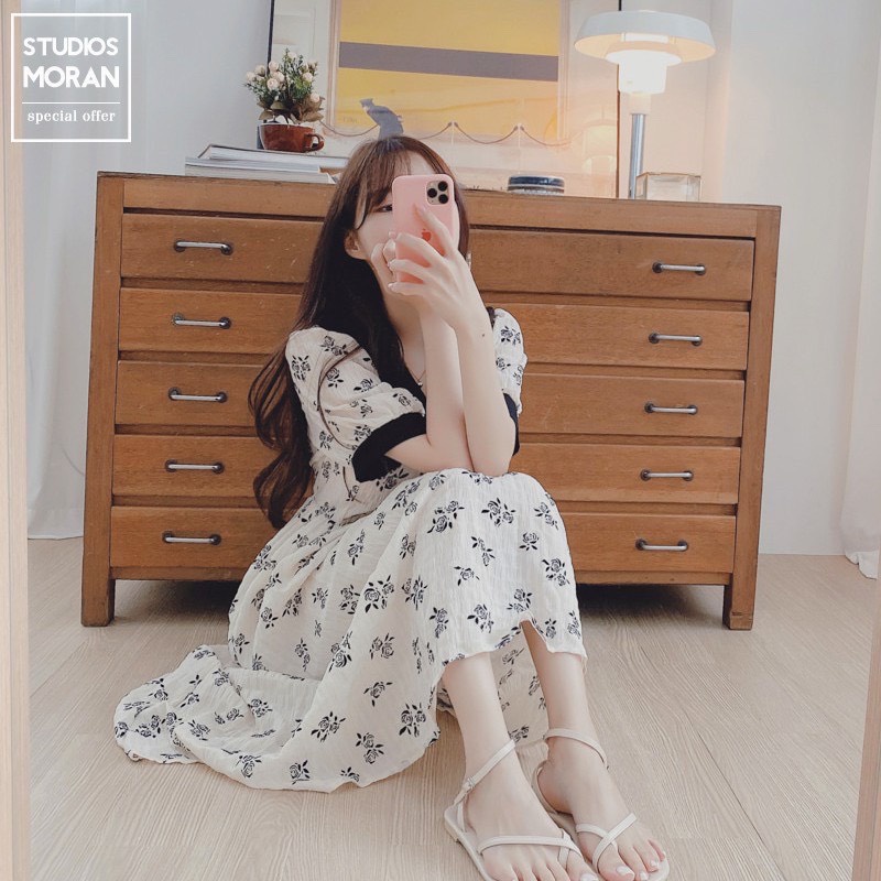 VÁY HOA NHÍ PITER CỔ BẺ PHỐI ĐEN VỀ KHO XINH LẮM