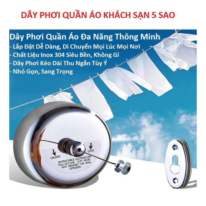 Dây Phơi Quần Áo, Dây Phơi Gắn Tường INOX Di Động Đa Năng Thông Minh Nhỏ Gọn Kéo Rút