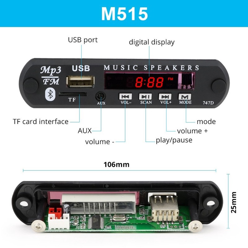 M515 Bluetooth 12V MP3 WMA Decoder Board Car Audio Module USB TF FM Radio Player