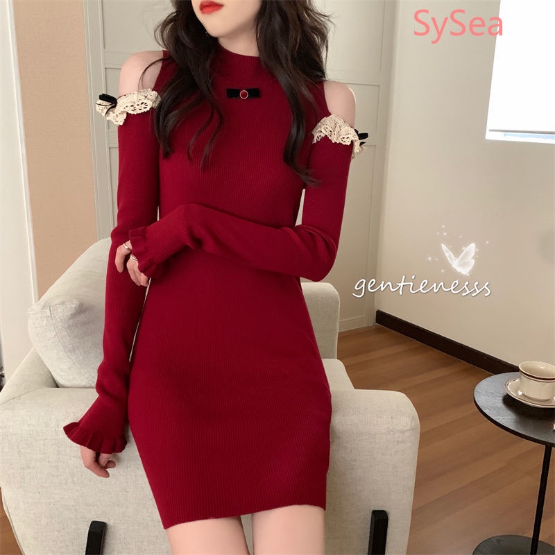 Đầm dệt kim tay dài cổ lọ thời trang mùa xuân quyến rũ cho nữ