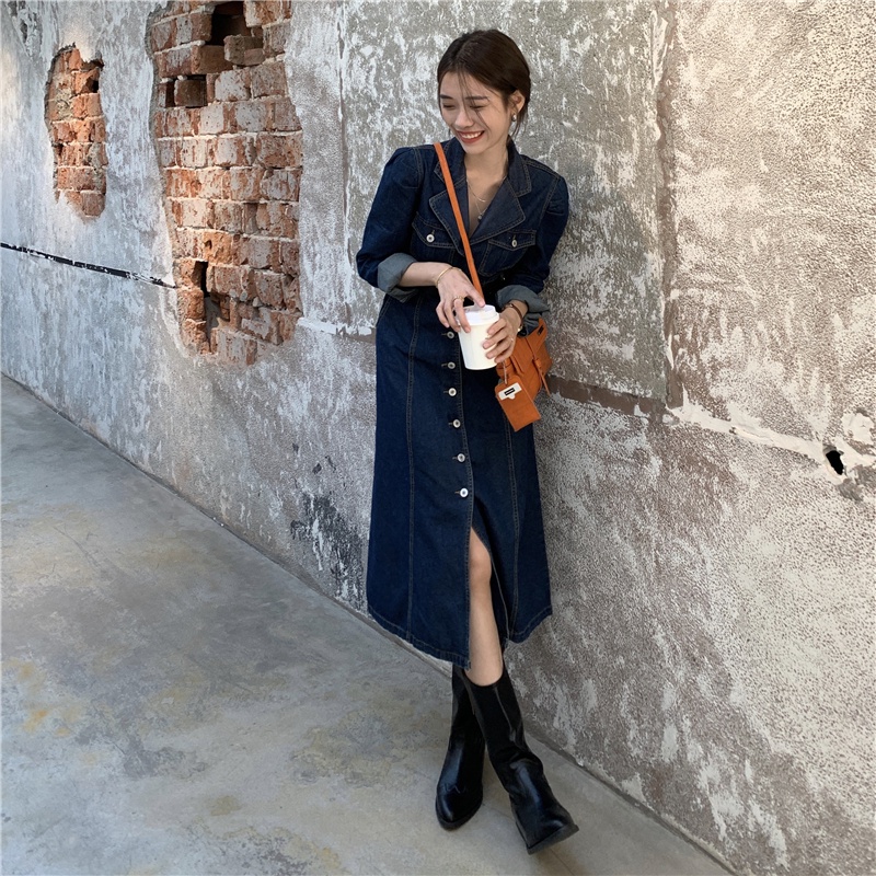 Váy Bò Nữ - Đầm Denim Tay Dài Phong Cách Vintage Siêu Xinh_ Hàng QCCC Kèm Ảnh Thật