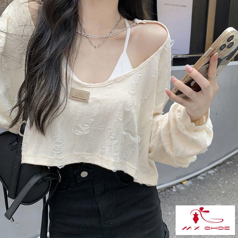 Áo Sơ Mi Ngắn Chống Nắng Dáng Rộng Tay Dài Cổ Chữ v Thiết Kế Rách Mẫu Niche Ngọt Ngào Cho Nữ