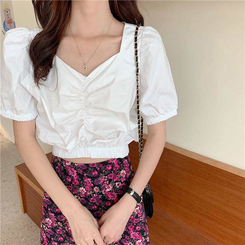 Áo kiểu nữ croptop tay ngắn bồng dáng ôm 2021, áo croptop nữ đẹp màu trắng, tím cổ V dúm ngực sang chảnh thời trang