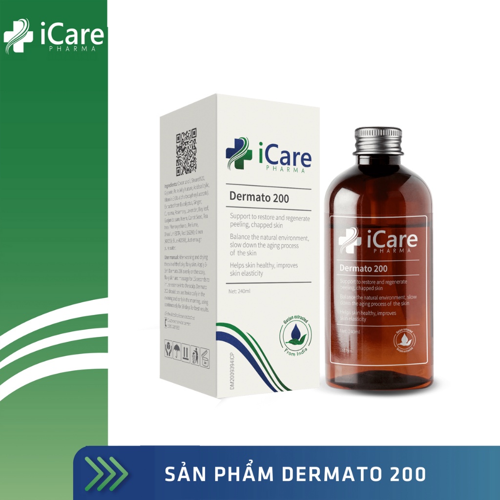Serum Dermato 200 iCare Pharma Tinh chất ngăn rụng tóc, gàu, nấm da đầu, phục hồi tóc hư tổn 240ml