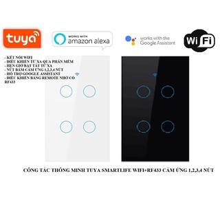 Công Tắc Wifi Tuya Smart Life 4 Nút Chữ Nhật Cảm Ứng mặt kính 4 nút cho nhà thông minh