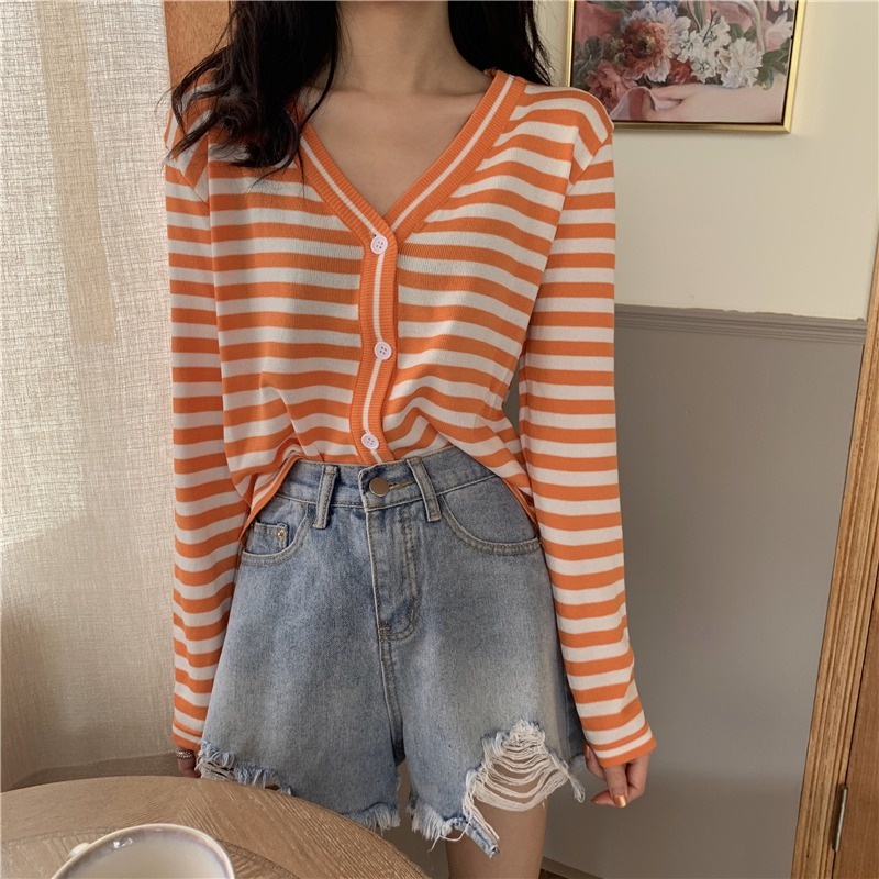 【ZHELIHANGFEI】Áo Cardigan Dệt Kim Tay Dài Dáng Rộng Lưng Cao Họa Tiết Kẻ Sọc Dễ Phối Đồ