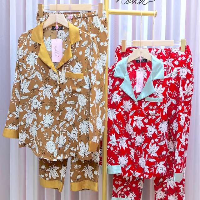 Bộ lụa dài tay hoạ tiết lá - NOHK