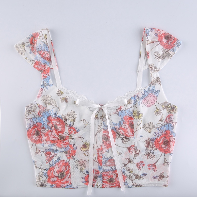 Áo Tank Top Cổ Vuông In Họa Tiết Hoa Thắt Nơ Xinh Xắn Thời Trang Cho Nữ