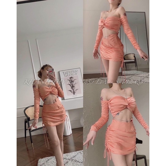 Set áo trễ vai kết đá + Chân váy rút dây