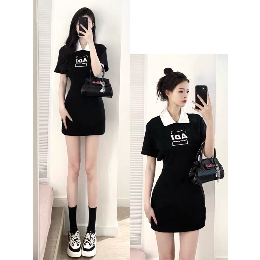Váy cổ bẻ AD1 chất bo cotton dầy đẹp, tôn dáng, cổ áo bo dệt, phong cách Hàn Quốc