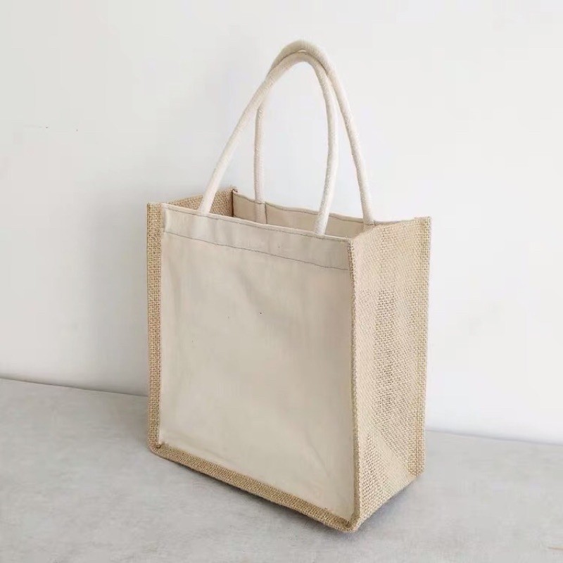 Túi cói bố hai mặt vải trơn trắng 25x25x12cm🍚