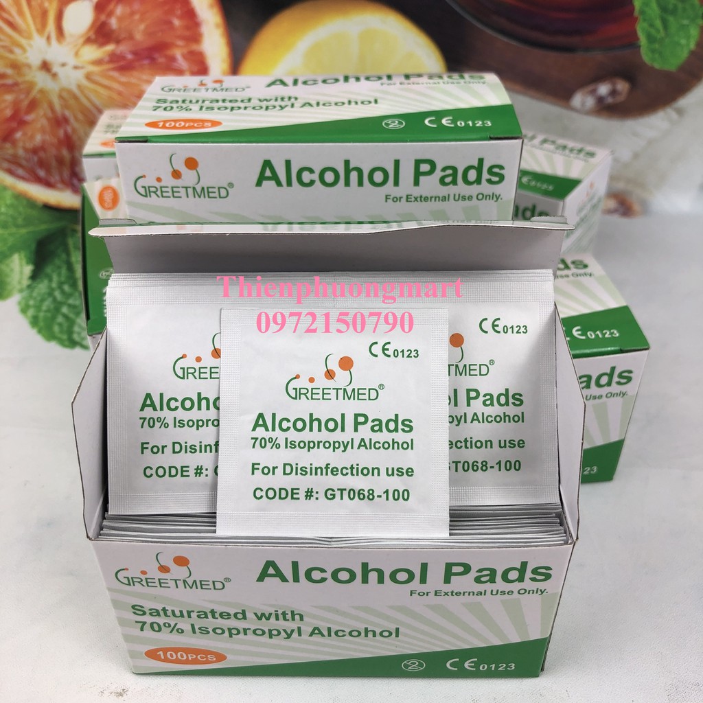 Bông tẩm cồn Greetmeed (Hộp 100 miếng) – Alcohol Pads -Làm sạch da trước khi tiêm, lau điện thoại, lau tay khi mở cửa