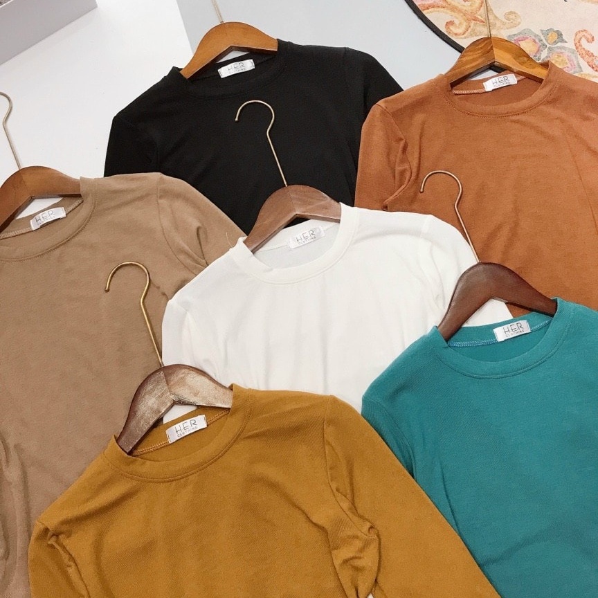 Áo Croptop Tay Dài Cổ Tròn Màu Trơn Co Giãn Phong Cách Hàn Quốc 5 Màu Tùy Chọn