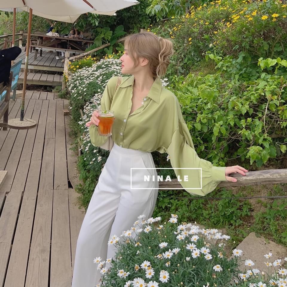 Sét áo sơ mi xanh cốm kèm quần ống rộng trắng- bộ đồ nữ hàn quốc áo chất lụa quần chất tuyết mưa lưng cao ulzzang