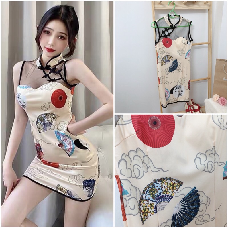 Sườn xám tone trắng be thanh lịch dưới 60 kg