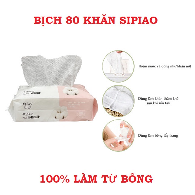 Gói 80 khăn mặt khô/ khăn lau tẩy trang đa năng Sipiao khổ 20 x 20 cm