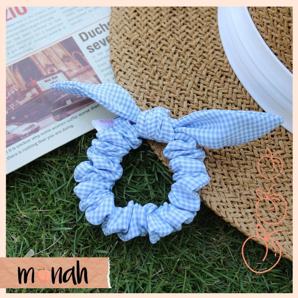 Dây buộc tóc, cột tóc scrunchie thắt nơ tai thỏ caro xanh biển trẻ trung