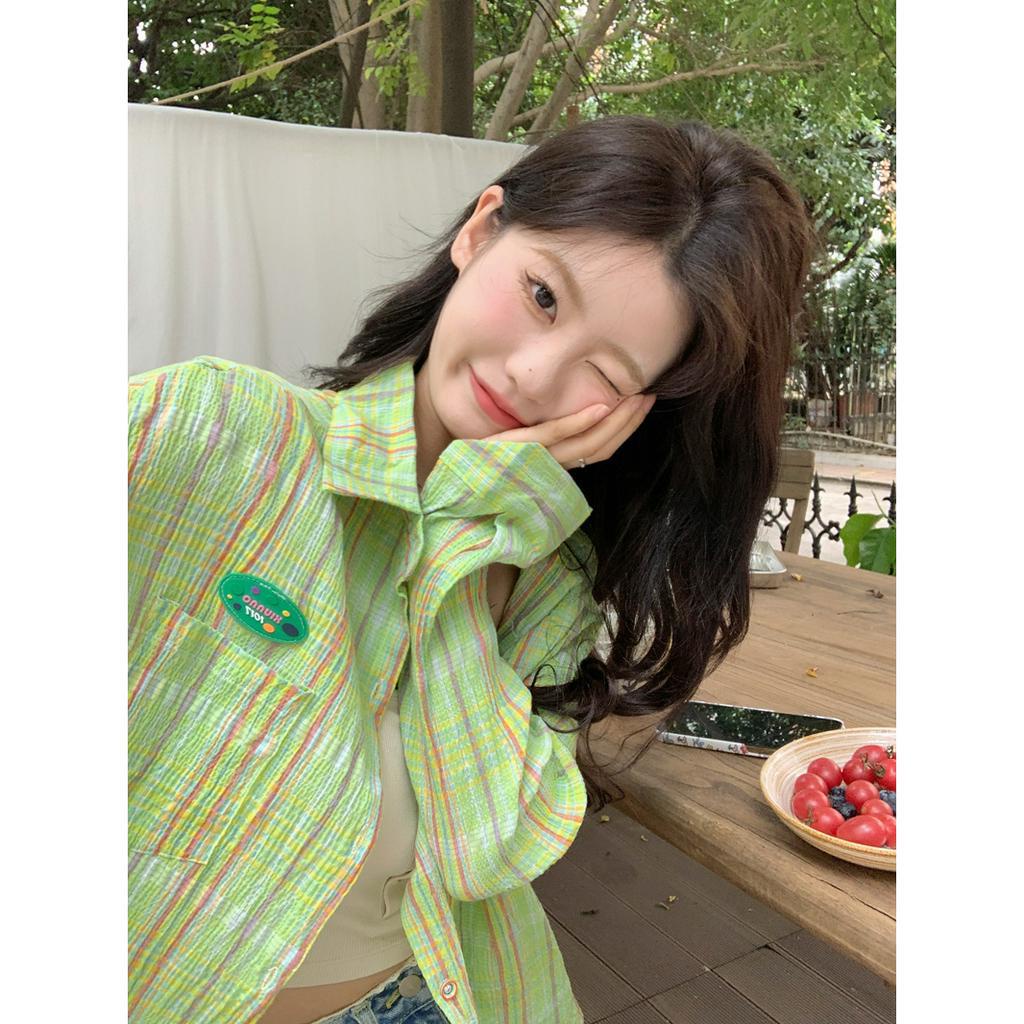 「 WELOVE1 」Áo Sơ Mi Nữ Tay Dài Dáng Rộng Họa Tiết Caro Màu Xanh Lá Phong Cách Retro Mùa Hè Mới