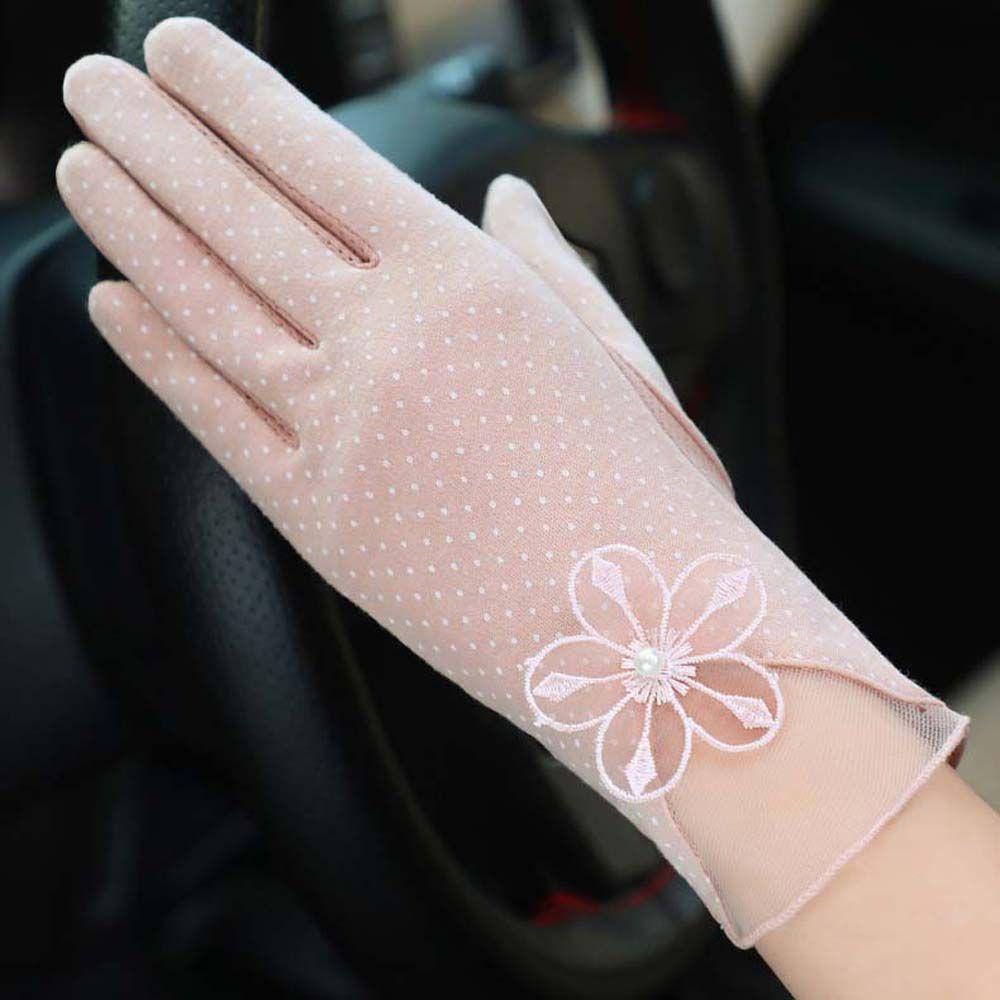 Găng Tay Chống Nắng Tia UV Vải Lụa Lạnh Phối Ren Toàn Diện Họa Tiết Chấm Bi Thoáng Khí Phong Cách Hàn Quốc