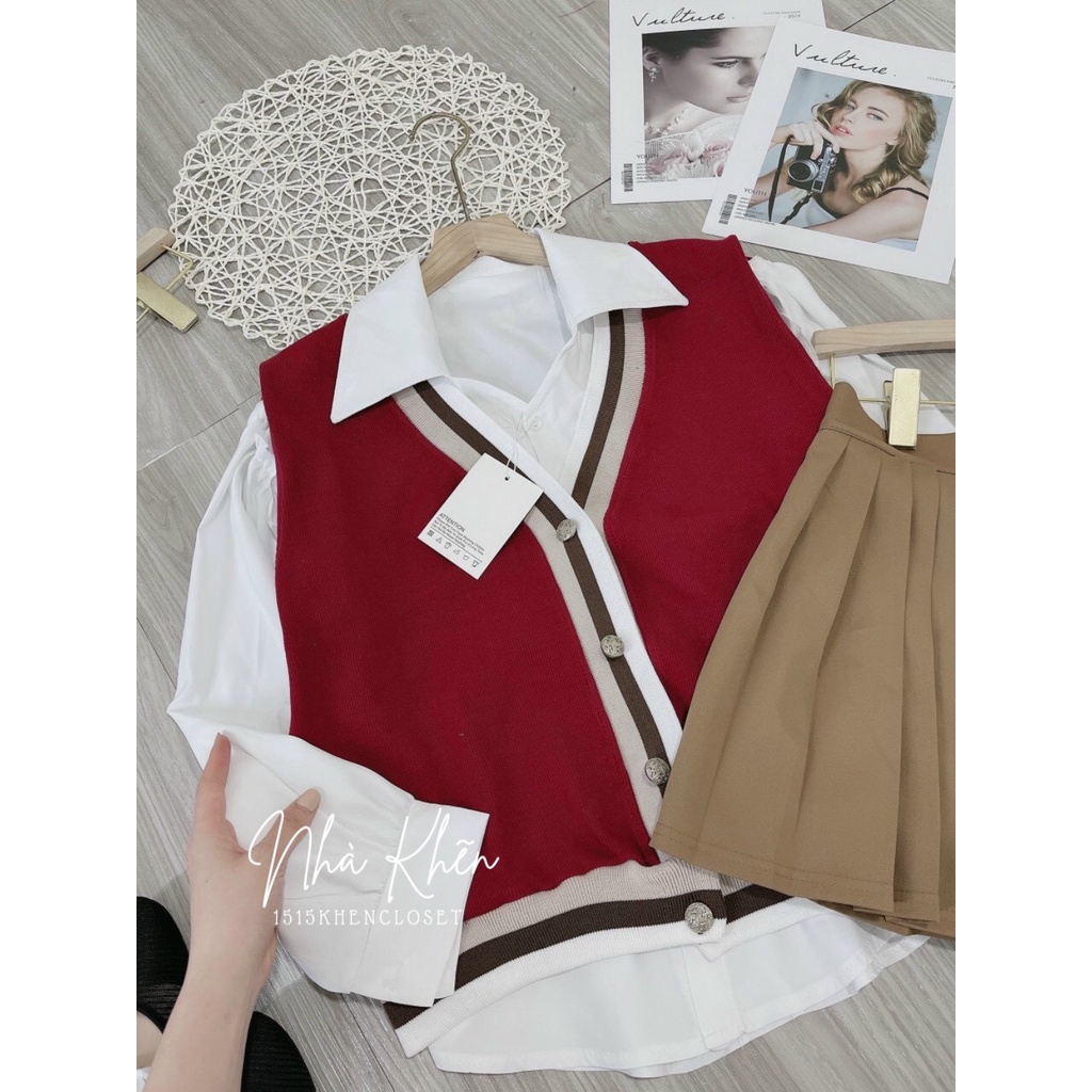 Set 3 món áo sơ mi trắng + áo gile đỏ + chân váy xếp li  🥰