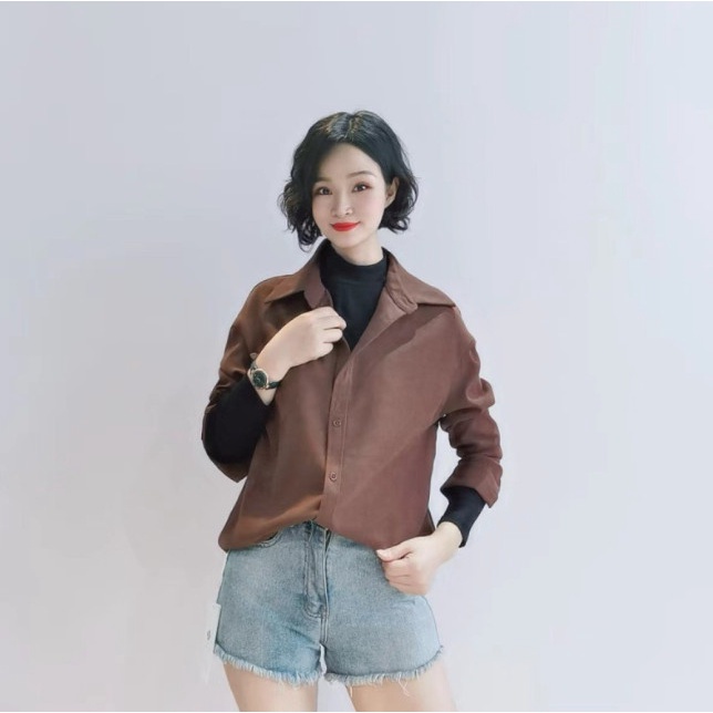 Áo sơ mi nữ form rộng dài tay màu nâu trẻ trung độc lạ chất lụa mềm mịn mát ít nhăn-MURD04