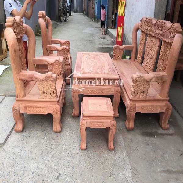 Bộ Bàn Ghế Minh Quốc Voi 6 món Tay 12 - Bàn Đục Gỗ Hương Đá