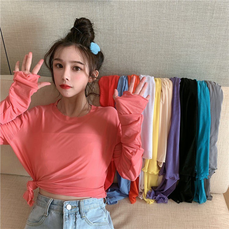 Áo Tay Dài Dáng Rộng Màu Trơn Phối Lưới Thời Trang Hè Phong Cách Hàn Quốc Cho Nữ