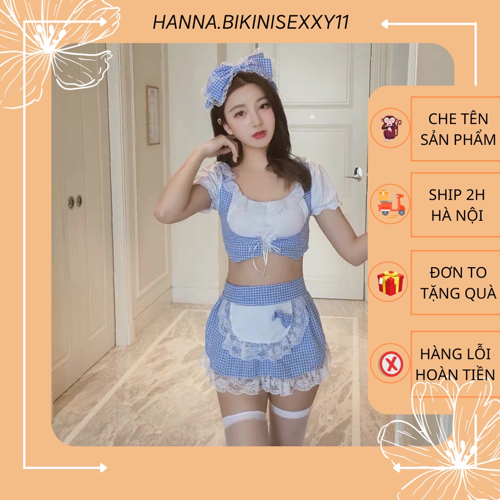 Đồ ngủ cosplay hầu gái, set hầu gái kẻ caro xanh cao cấp 1254, Hanna.bikinisexxy11