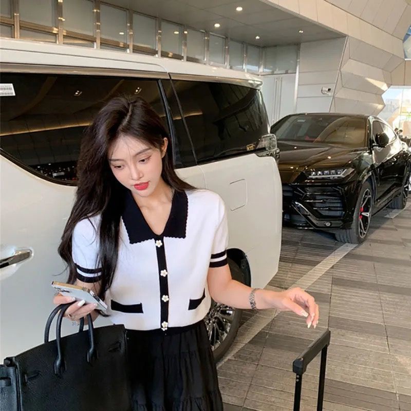 Áo Dệt Kim Tay Ngắn Cổ Búp Bê Màu Sắc Tương Phản Ngọt Ngào Thời Trang Cho Nữ  tao bao