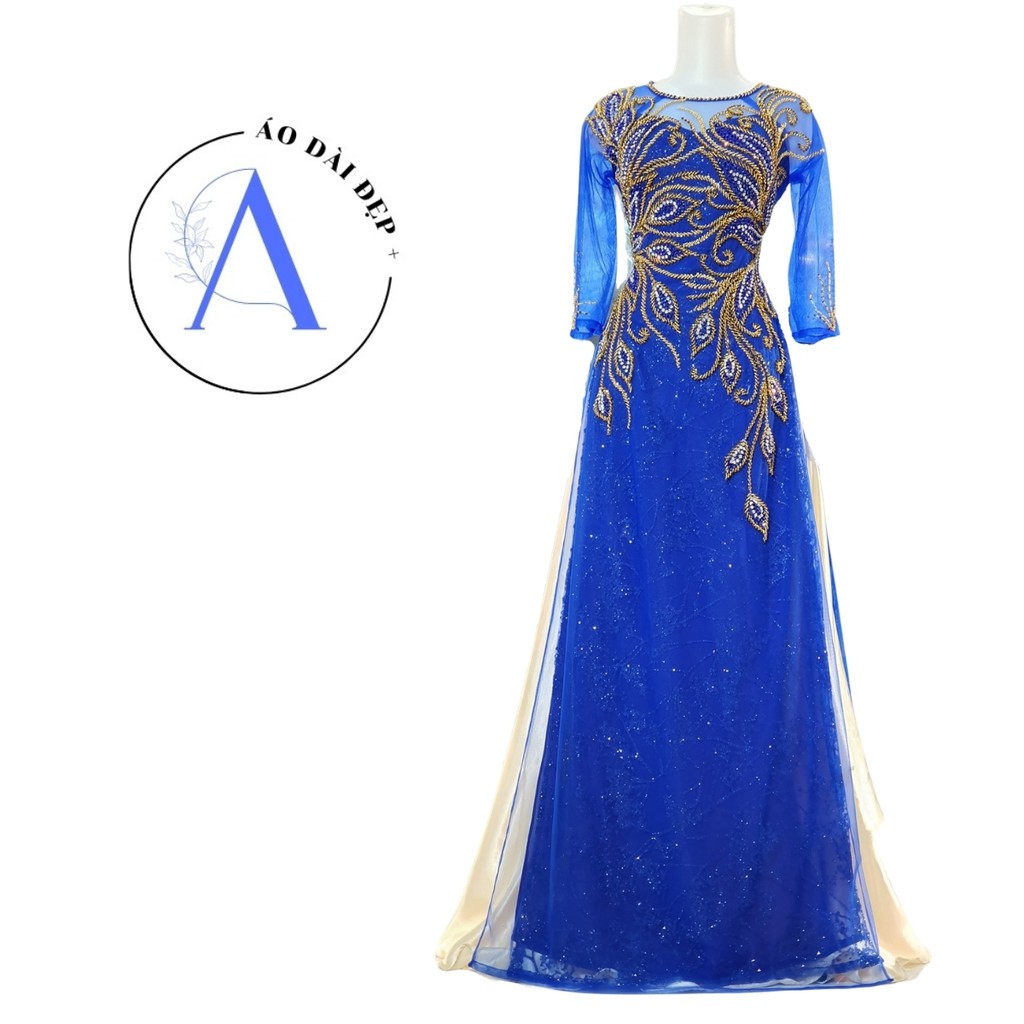 Áo Dài Mẹ - Áo Dài Cô Dâu Màu Xanh Coba  Nổi Bật ADC06