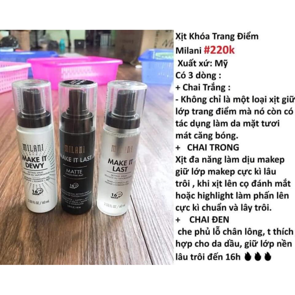 XỊT KHÓA NỀN Milani  Giá chỉ 220k Sẵn 3 màu:  – Make it Last( chai trong ) : hợp da nhờn ,  – Make It Matte (chai đen) | BigBuy360 - bigbuy360.vn