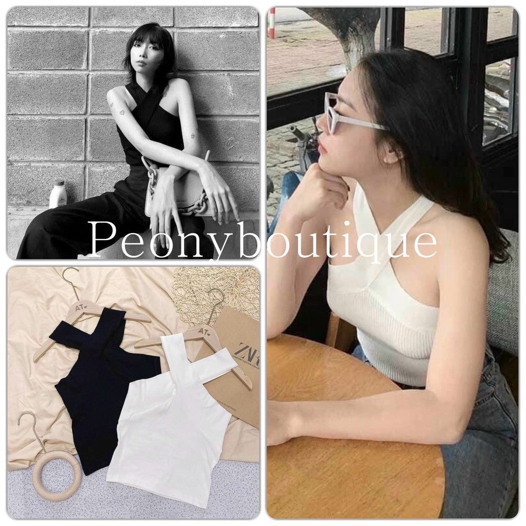 Áo Thun Body 2 Dây Phối Chéo PEONYB Nữ [FREESHIP]  Croptop tăm dãn, phông thiết kế cá tính màu ĐEN | TRẮNG Ulzzang