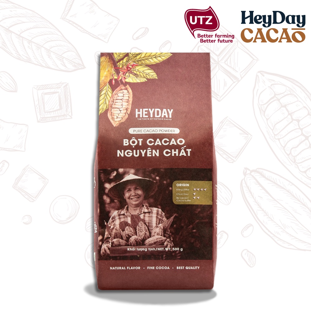 Bột cacao nguyên chất 100% Heyday - Dòng Origin thượng hạng - Túi giấy 500g - Chuẩn UTZ Quốc Tế