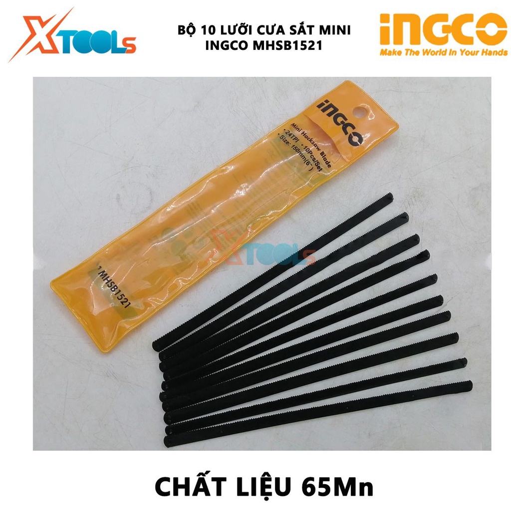Bộ 10 lưỡi cưa sắt mini INGCO MHSB1521 bộ lưỡi cưa 10 chi tiết Size 150mm(6”), Chất liệu 65Mn, 24 răng cưa cắt vật liệu