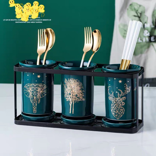 Bộ 3 ống đũa sứ xanh