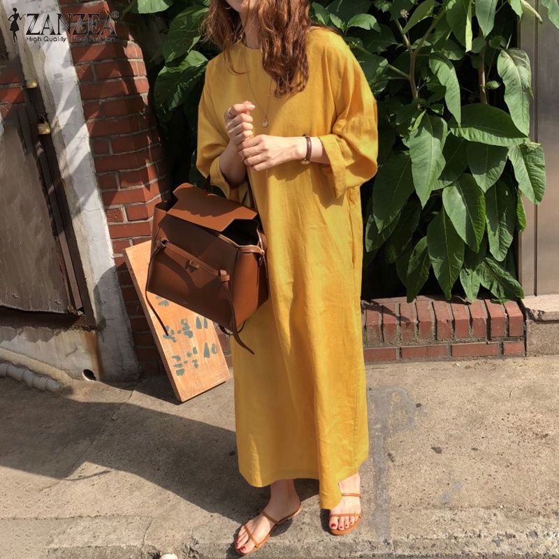 Đầm maxi ZANZEA tay dài cổ tròn màu trơn thời trang giản dị phong cách retro dành cho nữ