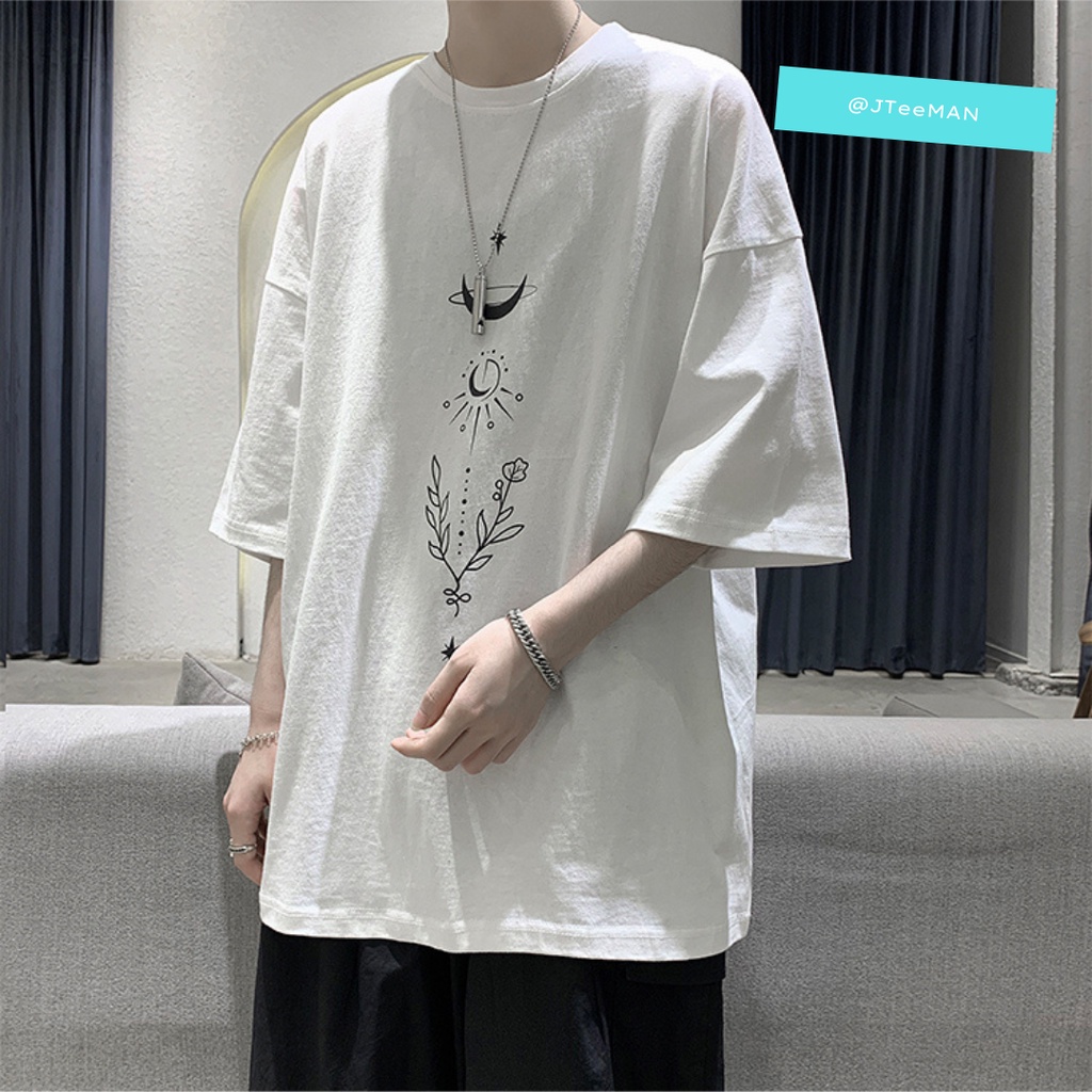 Áo thun Unisex tay lỡ nam nữ JTeeMan, áo phông Unisex form rộng vải Cotton in hình mặt trăng mặt trời và hoa - JT13